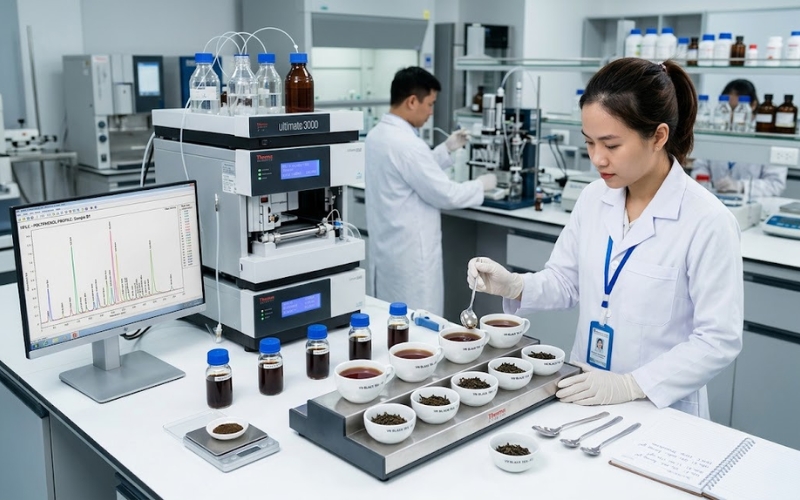Quality testing of premium black tea Vietnam liquor