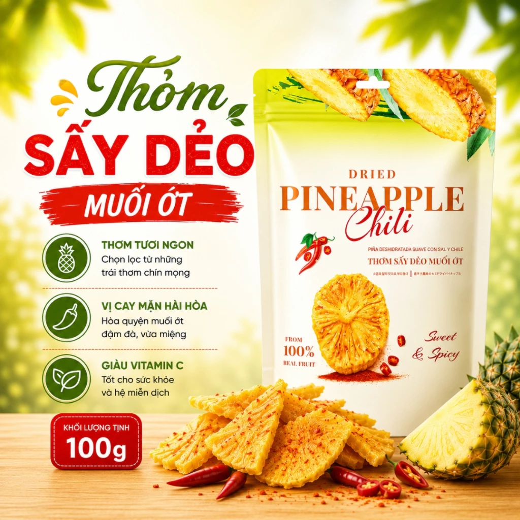 SOFT-DRIED CHILI-SALT PINEAPPLE 100G – VIETNAM | BALANCED SPICY & SAVORY FRUIT SNACK