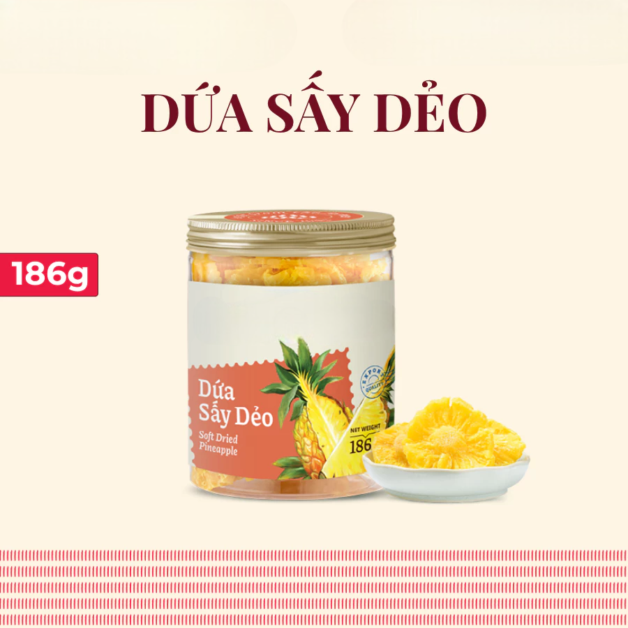 LOW-SUGAR SOFT-DRIED PINEAPPLE 186G – VIETNAM | SWEET-TANGY FRUIT SNACK IN CONVENIENT PLASTIC BOX