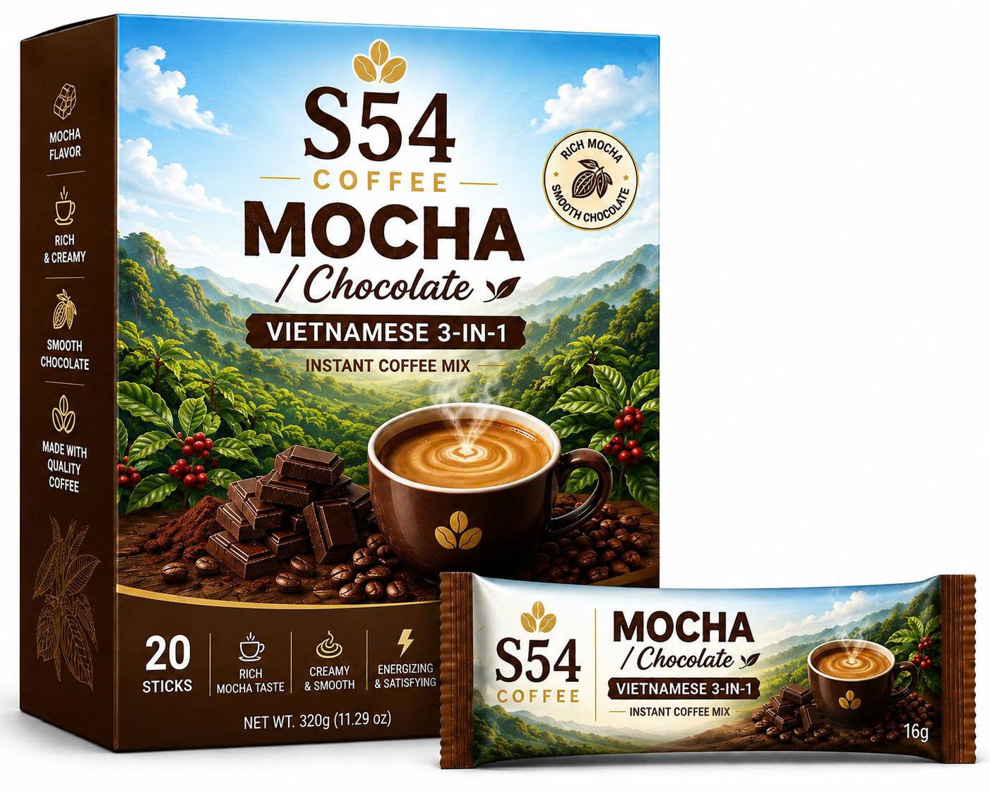 S54 VIETNAMESE MOCHA 3-IN-1 INSTANT COFFEE 20 SACHETS – CAFFEINATED PREMIUM BLEND 2