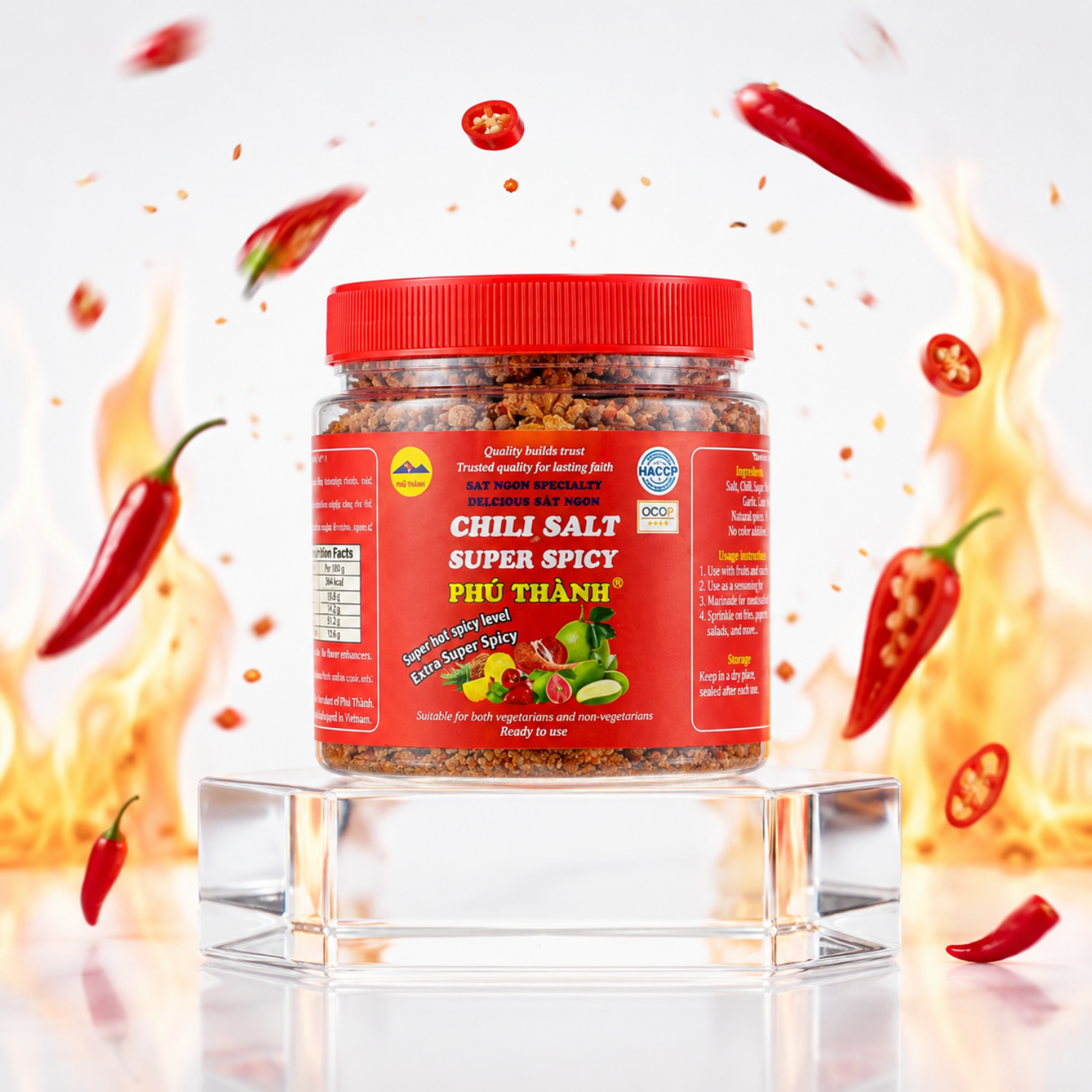 PREMIUM ROASTED CHILI POWDER WITH REFINED SEA SALT – EXTRA HOT INSTANT SEASONING, 160G JAR, 48 JARS PER CARTON