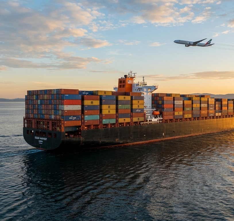 Container ship and cargo airplane
